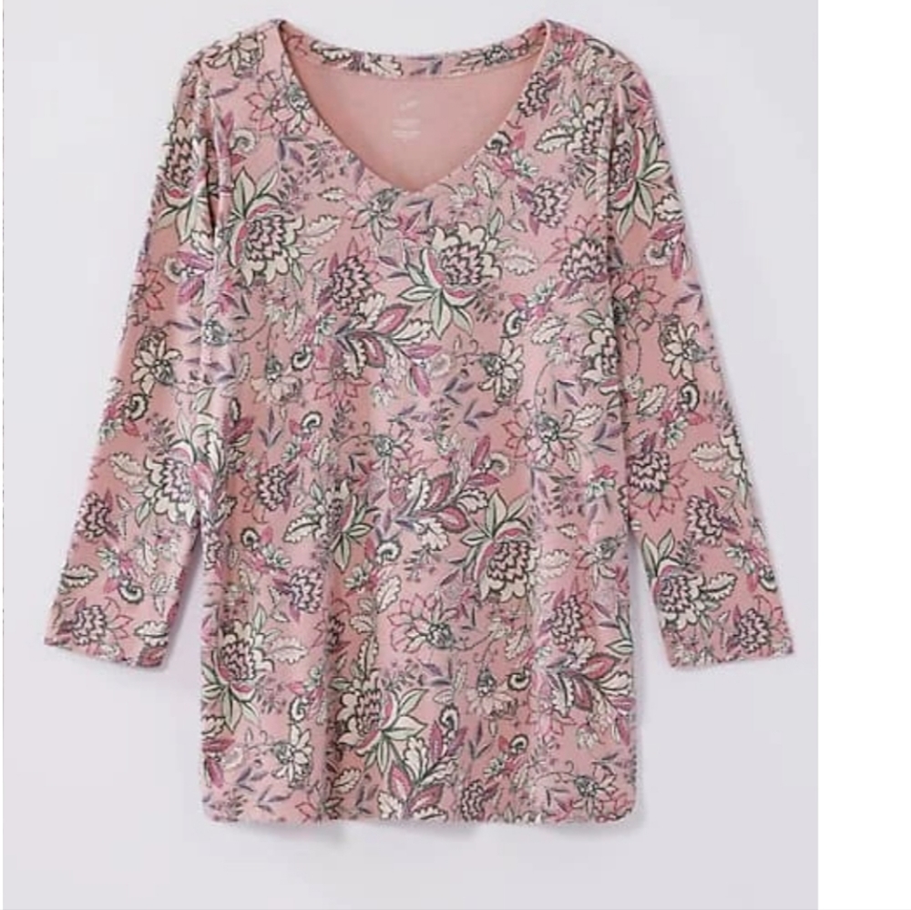 J Jill Pima 3/4-Sleeve V-Neck Tee pink tulip spirited vines XLT